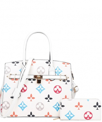 2 in 1 Fashion Print Satchel Bag With Wallet DH-6794W WHITE
